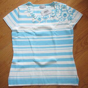 Women's Blue & White Striped Short Sleeve Top with Floral Embroidery Size M